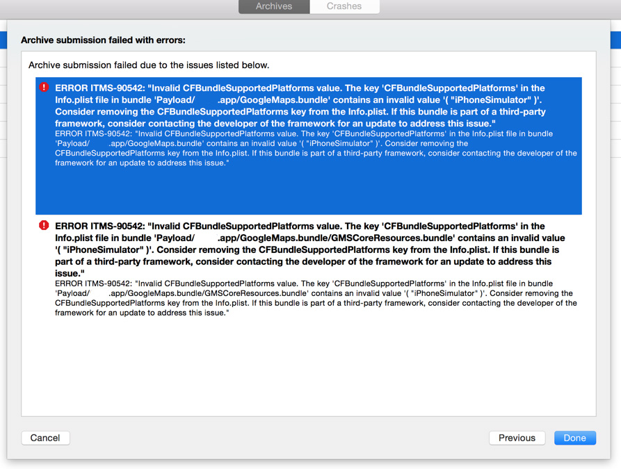 ERROR ITMS-90542: Invalid CFBundleSupportedPlatforms value の対処